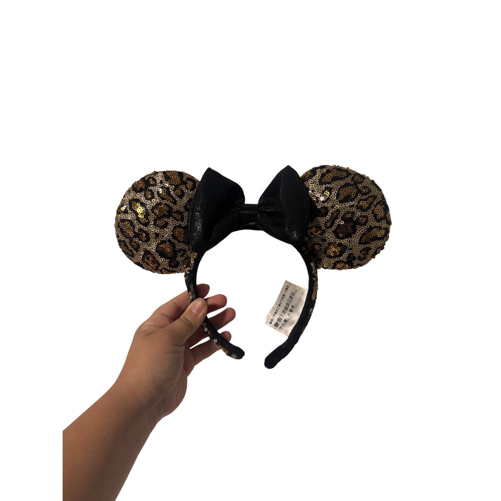 Disney Parks Minnie Mouse Leopard Sequin Ear Headband Gold Black Animal Print